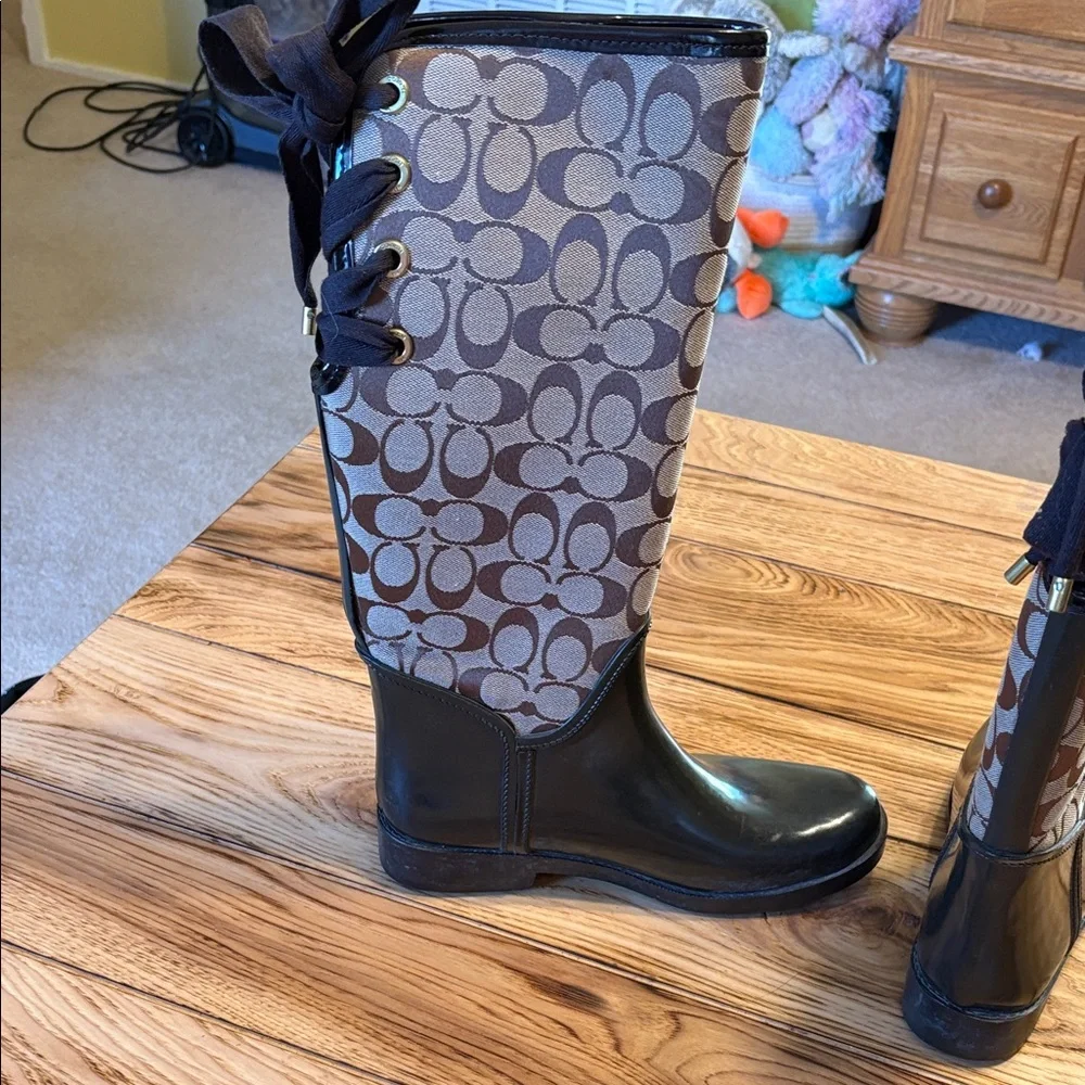 Coach Black and Brown Patterned Rain Boots - Picture 3 of 9